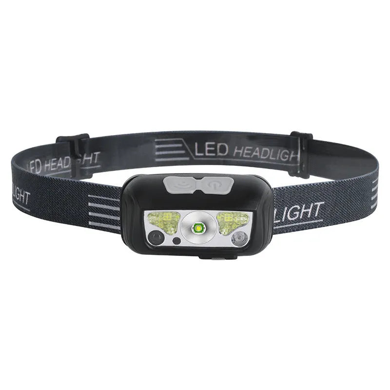 Black outdoor headlamp with adjustable strap, showing white and red LED lights and a micro USB charging port.