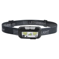 Black outdoor headlamp with adjustable strap, showing white and red LED lights and a micro USB charging port.