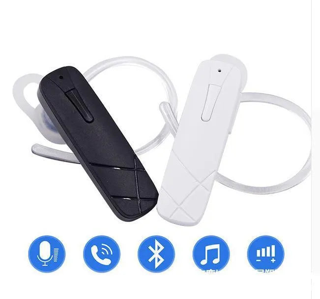 Black wireless Bluetooth earplug headset with earphone units showing in-ear placement design