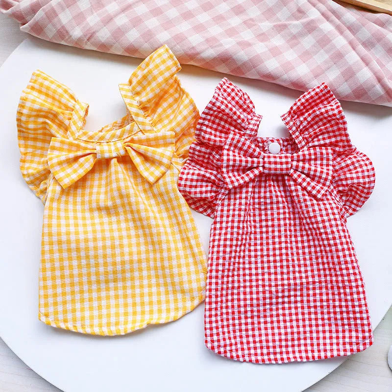 Casual red check bowknot pet clothes baby shirt for small dogs and cats in red colour