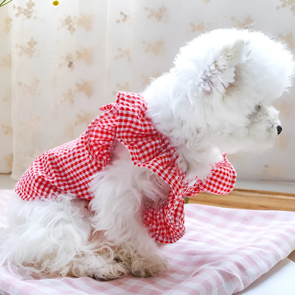 Casual red check bowknot pet clothes baby shirt for small dogs and cats in red colour
