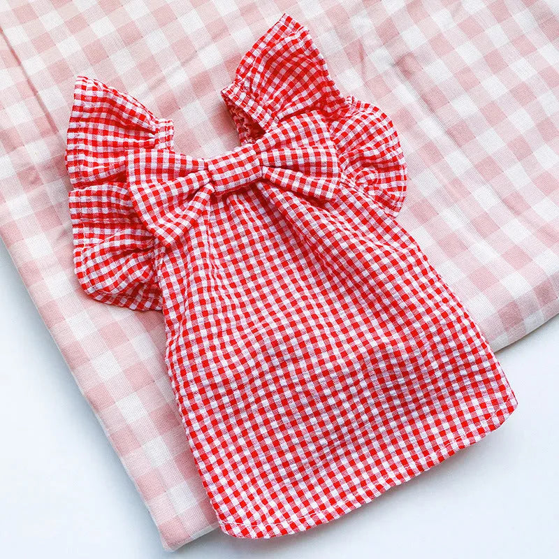 Casual red check bowknot pet clothes baby shirt for small dogs and cats in red colour