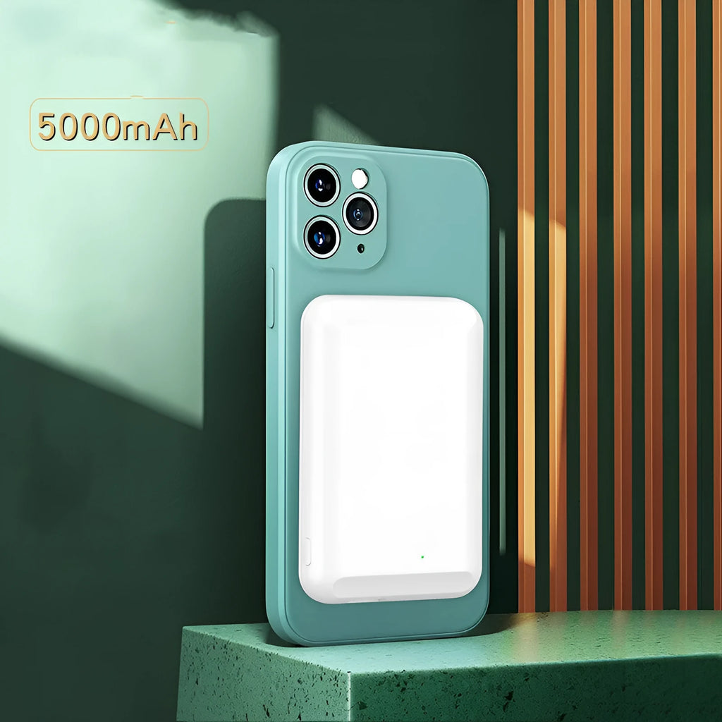 Magnetic wireless power bank in five colour options showing magnetising connection