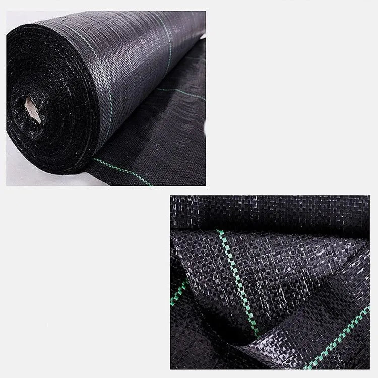 Black polyethylene woven weed-proof cloth laid flat on soil, showing its texture and size options for farmland.