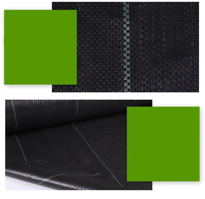 Black polyethylene woven weed-proof cloth laid flat on soil, showing its texture and size options for farmland.