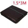 Black polyethylene woven weed-proof cloth laid flat on soil, showing its texture and size options for farmland.