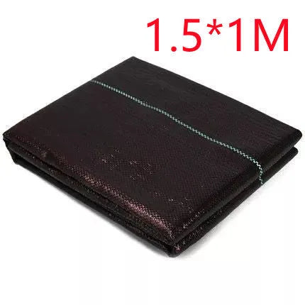 Black polyethylene woven weed-proof cloth laid flat on soil, showing its texture and size options for farmland.