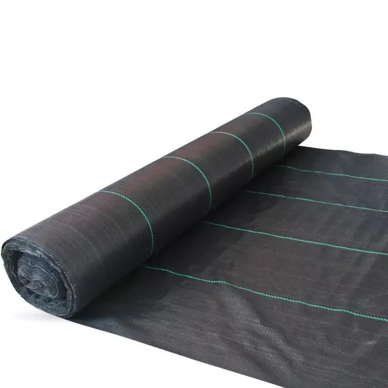 Black polyethylene woven weed-proof cloth laid flat on soil, showing its texture and size options for farmland.