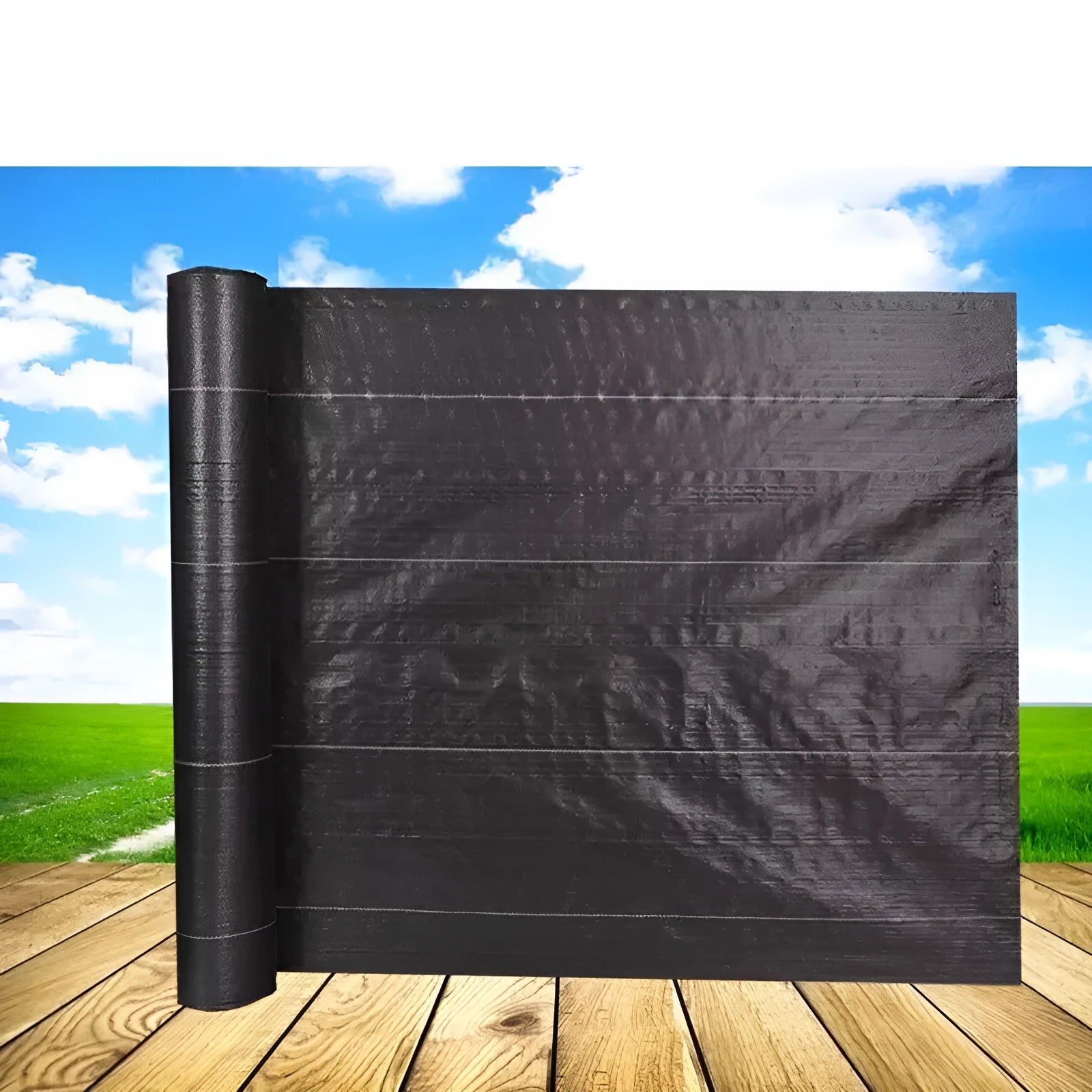 Black polyethylene woven weed-proof cloth laid flat on soil, showing its texture and size options for farmland.