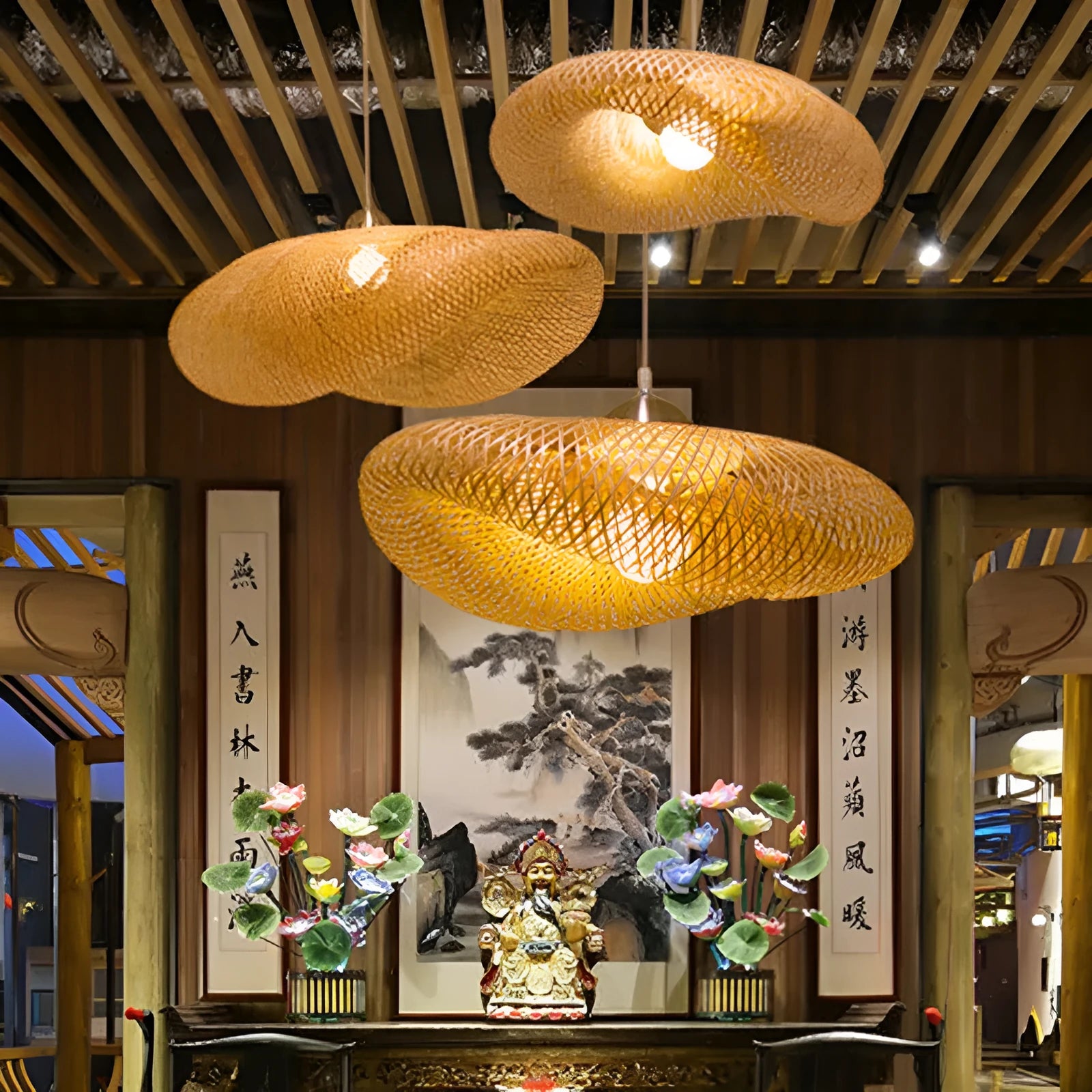 40cm diameter bamboo shell-shaped chandelier for Chinese Zen tea room lighting