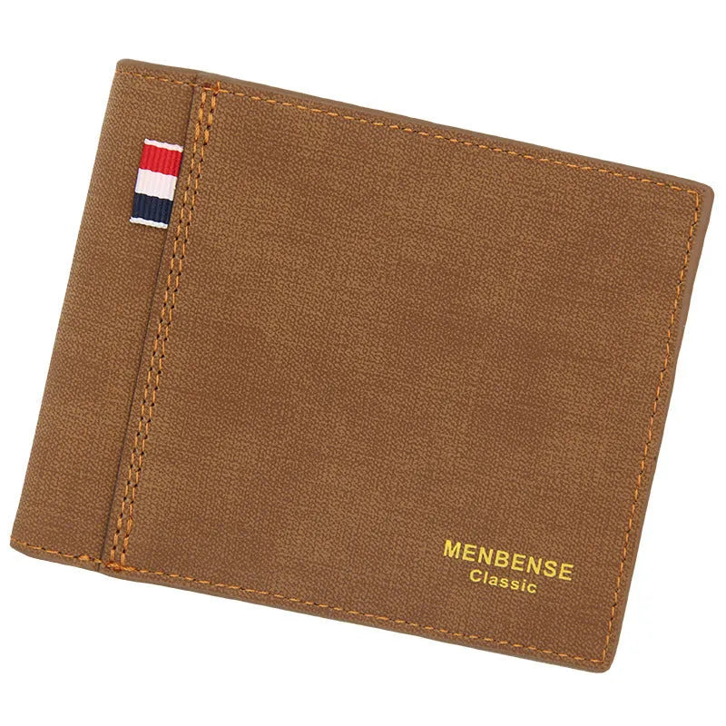 Men's retro-style genuine leather tri-fold wallet shown in black, navy, dark brown, and light brown.