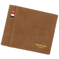 Men's retro-style genuine leather tri-fold wallet shown in black, navy, dark brown, and light brown.