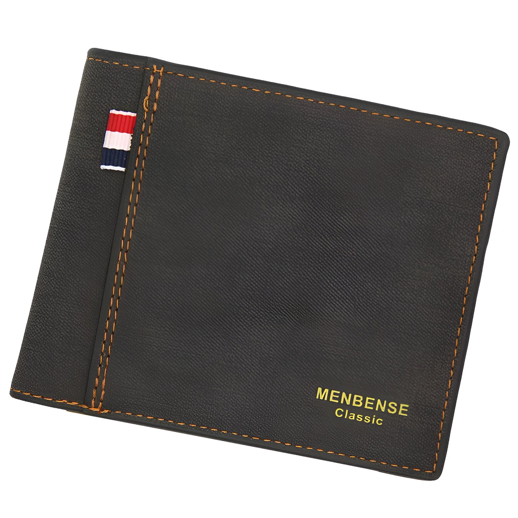 Men's retro-style genuine leather tri-fold wallet shown in black, navy, dark brown, and light brown.