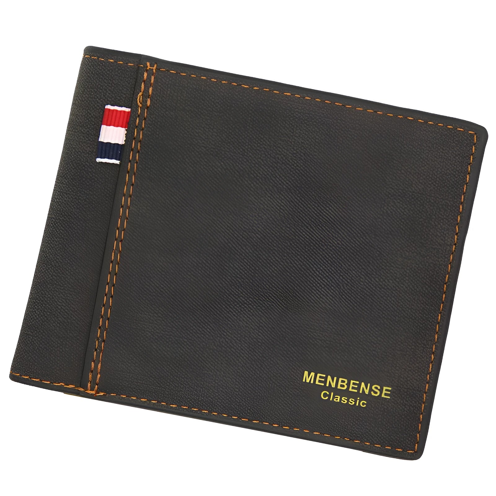 Men's retro-style genuine leather tri-fold wallet shown in black, navy, dark brown, and light brown.