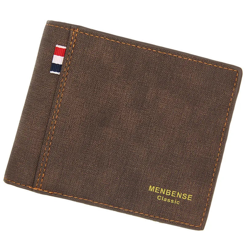 Men's retro-style genuine leather tri-fold wallet shown in black, navy, dark brown, and light brown.