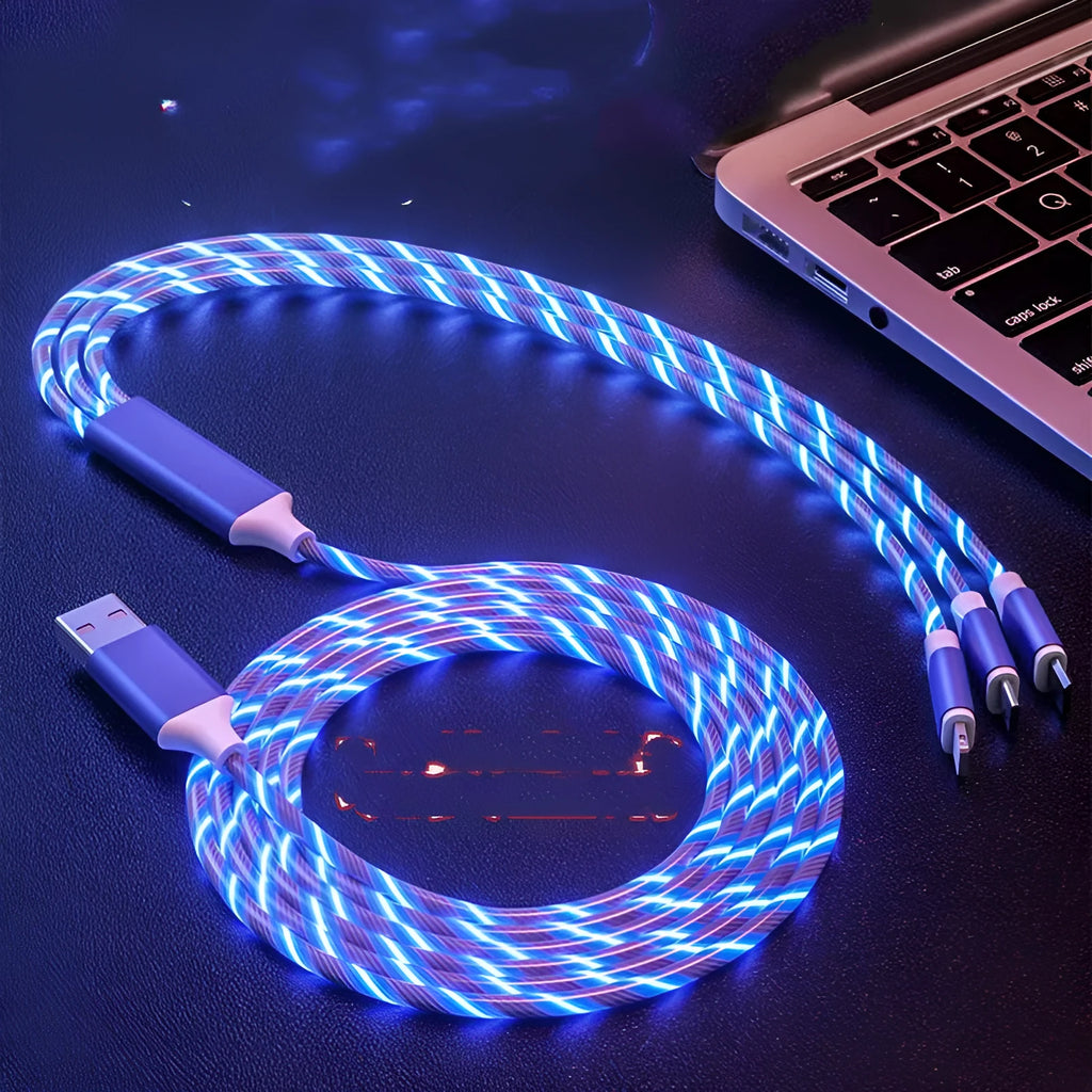 USB cable with one connector splitting into three, featuring colourful LED marquee lights on the hub.