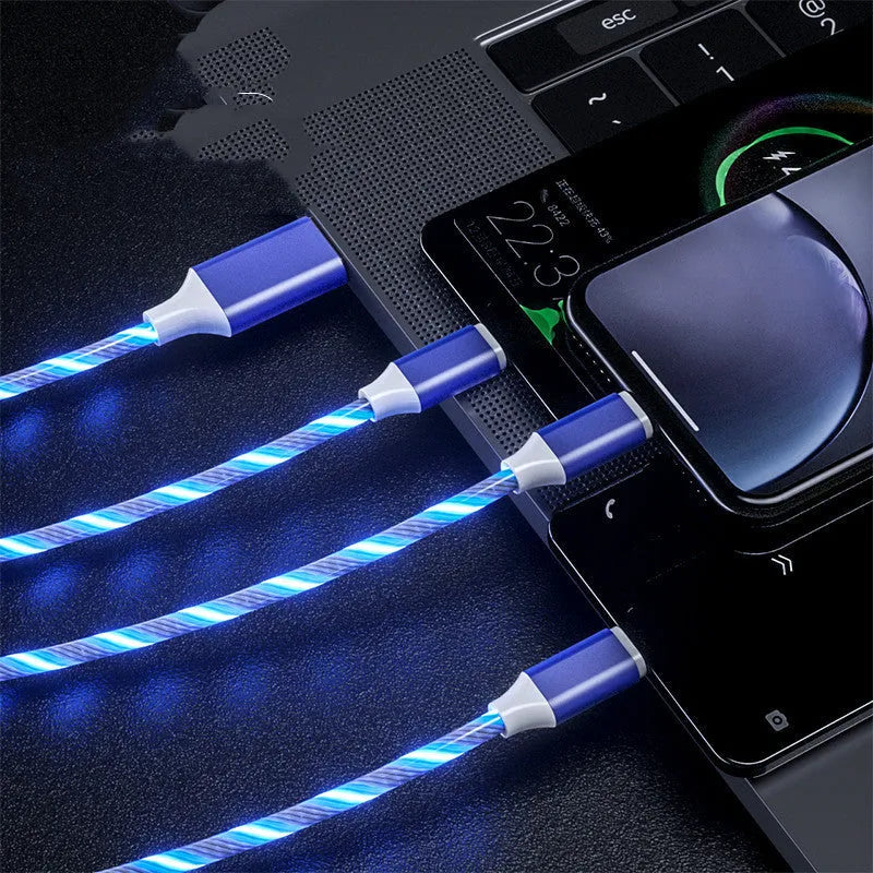 USB cable with one connector splitting into three, featuring colourful LED marquee lights on the hub.