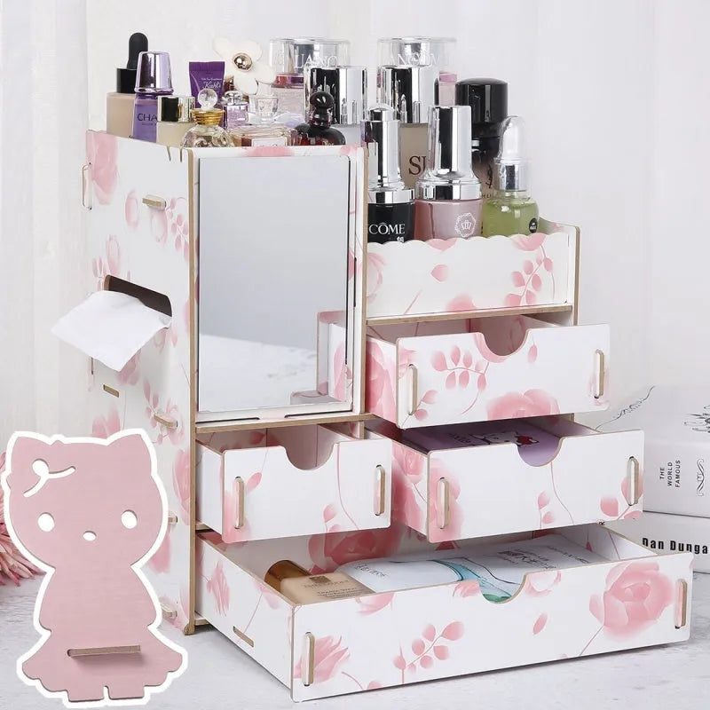 Wooden cosmetic storage box with drawer compartments for jewellery and makeup organisation