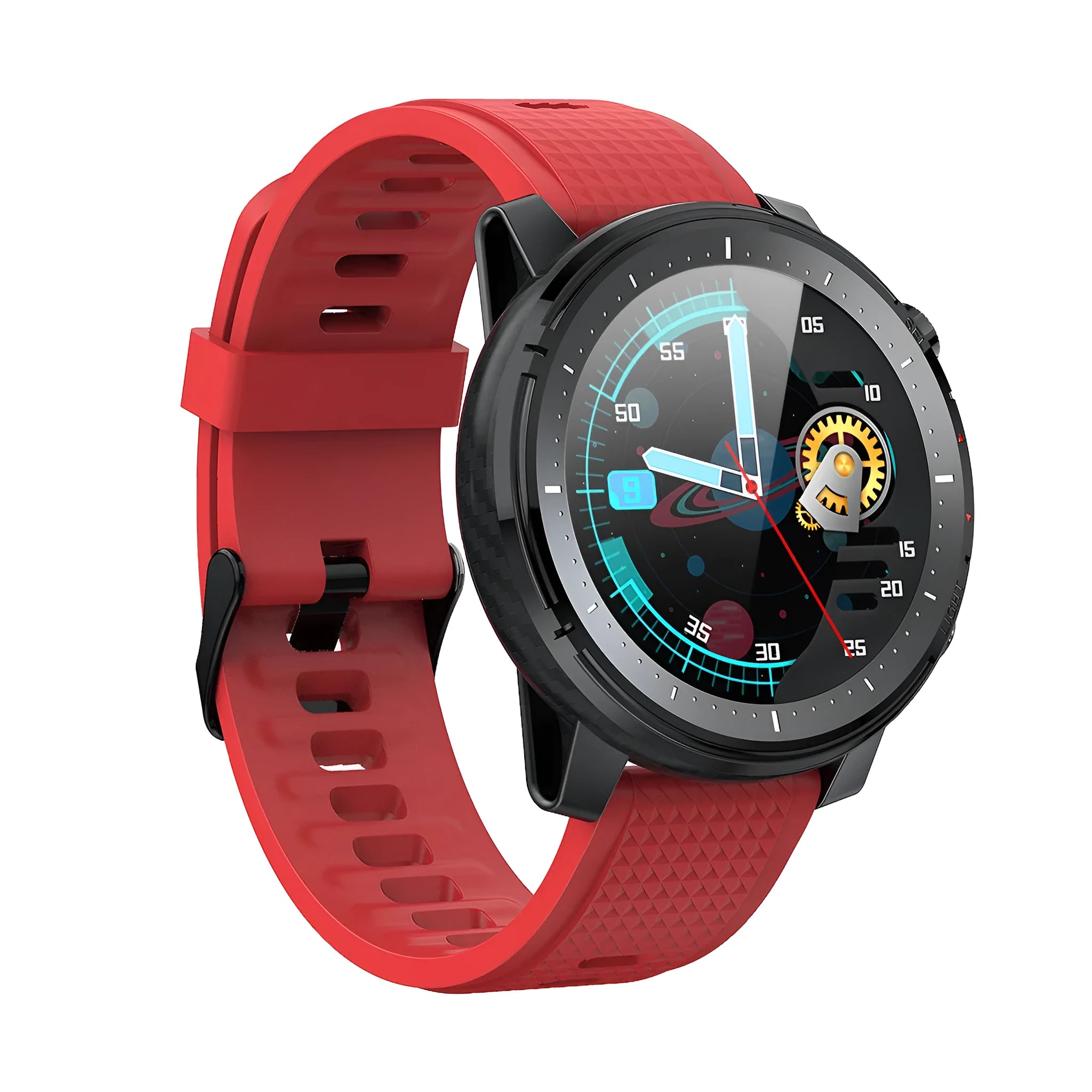 Black L15 Android smart watch with round dial and silicone strap showing IP68 waterproof logo.