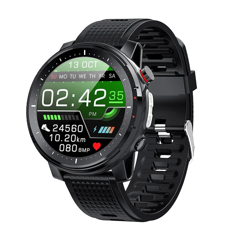Black L15 Android smart watch with round dial and silicone strap showing IP68 waterproof logo.