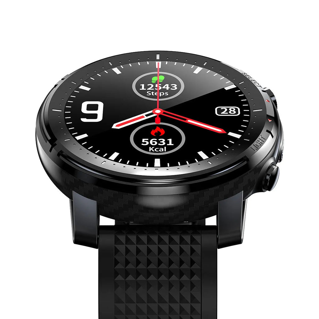 Black L15 Android smart watch with round dial and silicone strap showing IP68 waterproof logo.