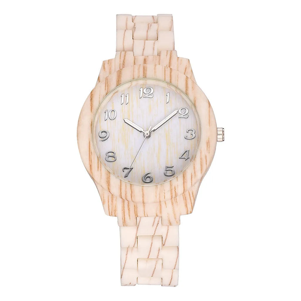 Wood grain retro simple quartz watch for men and women with a silicone strap and single folding buckle.
