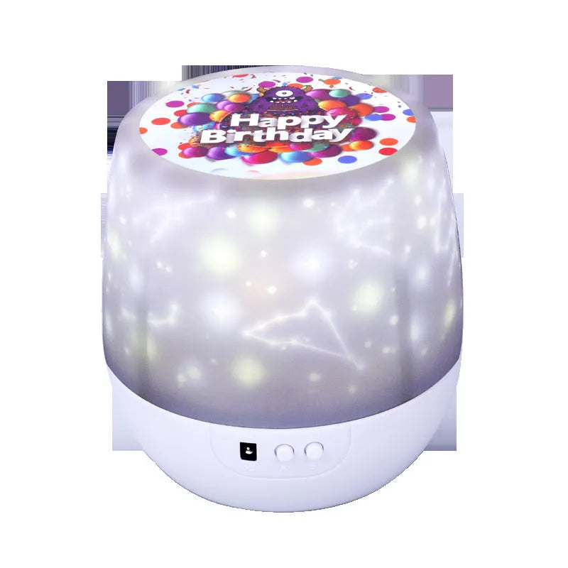 Starry sky projector projecting rotating galaxy patterns on wall with plastic cartoon design