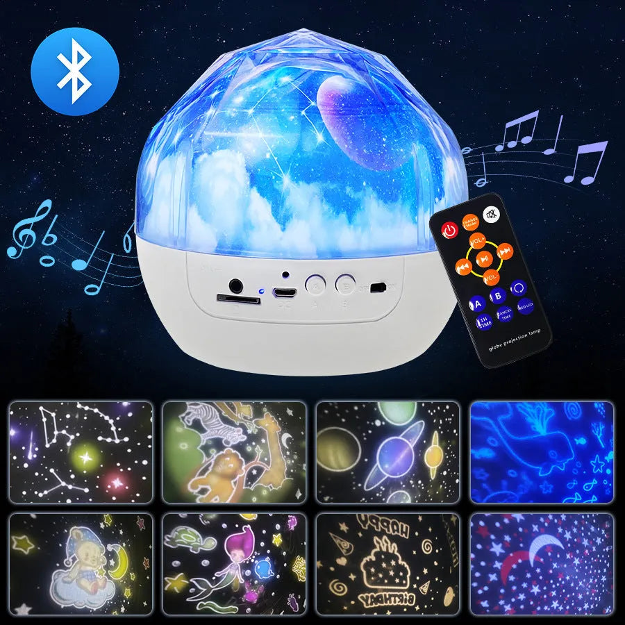 Starry sky projector projecting rotating galaxy patterns on wall with plastic cartoon design