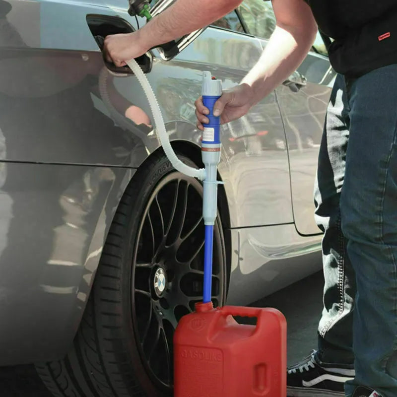 Blue manual hand siphon pump for transferring fuel and oil