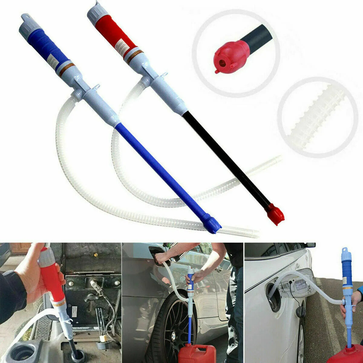 Blue manual hand siphon pump for transferring fuel and oil
