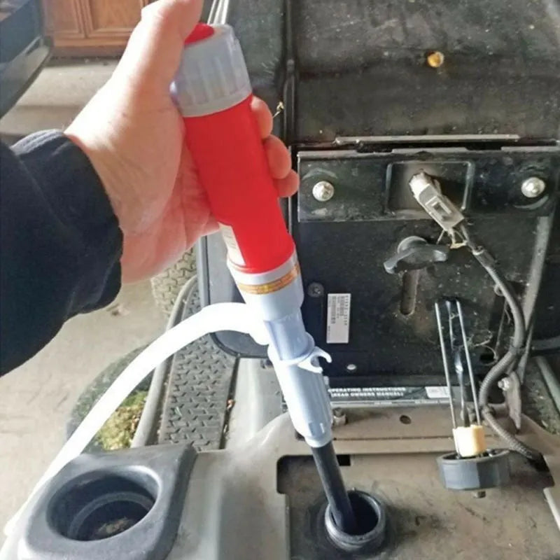 Blue manual hand siphon pump for transferring fuel and oil