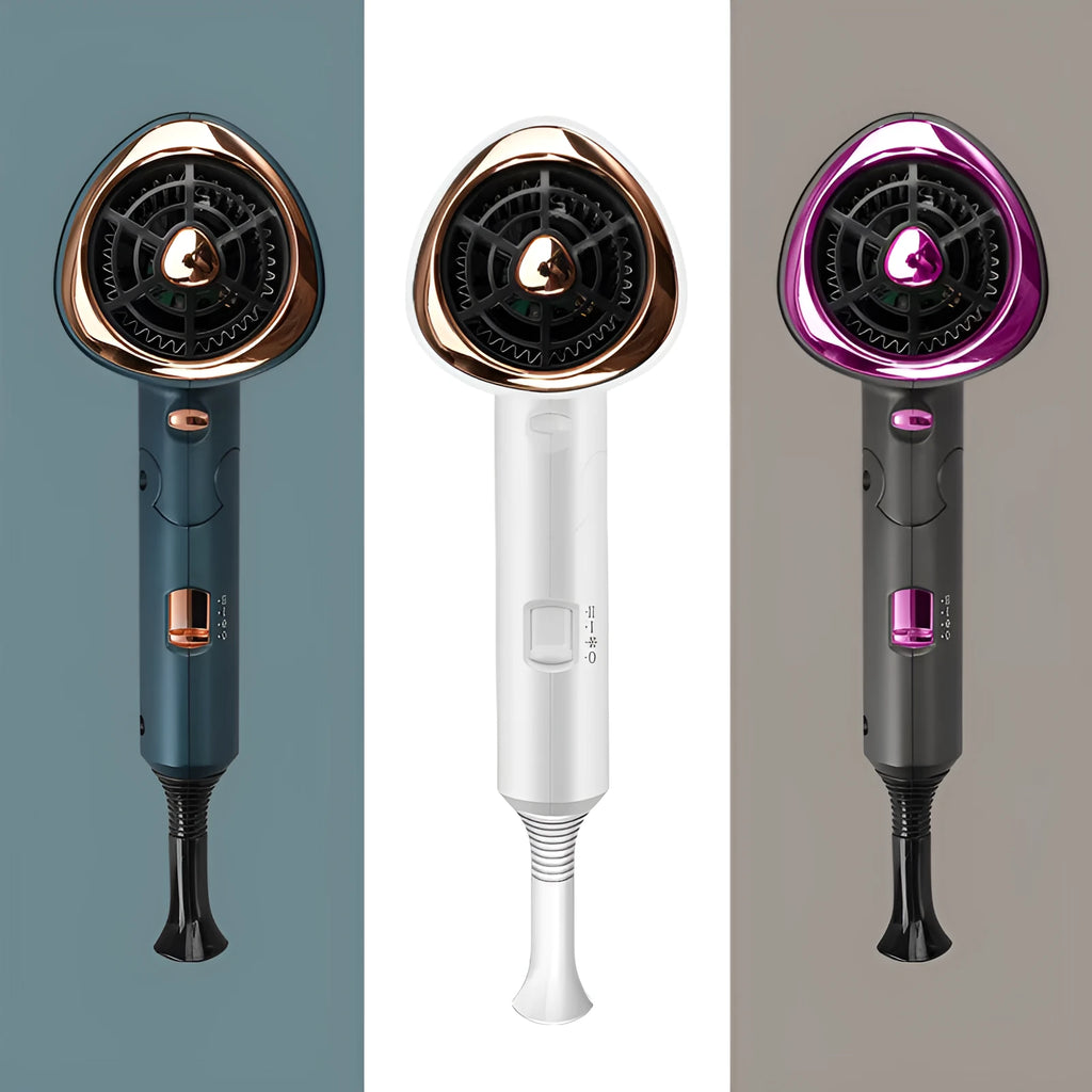 White 1600W negative ion hair dryer with concentrator nozzle and foldable handle on blue background
