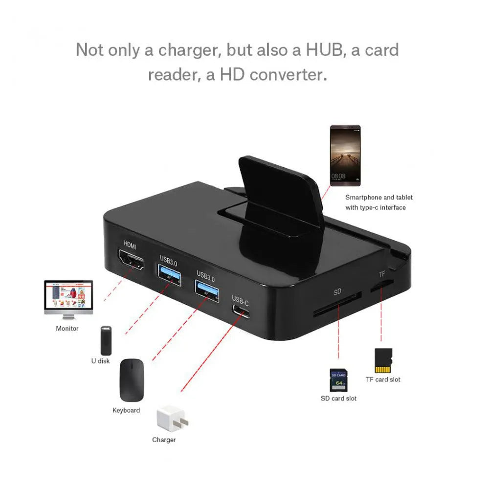 Black mobile phone dock converter with aluminium base for HD video output and 5Gbps data transfer