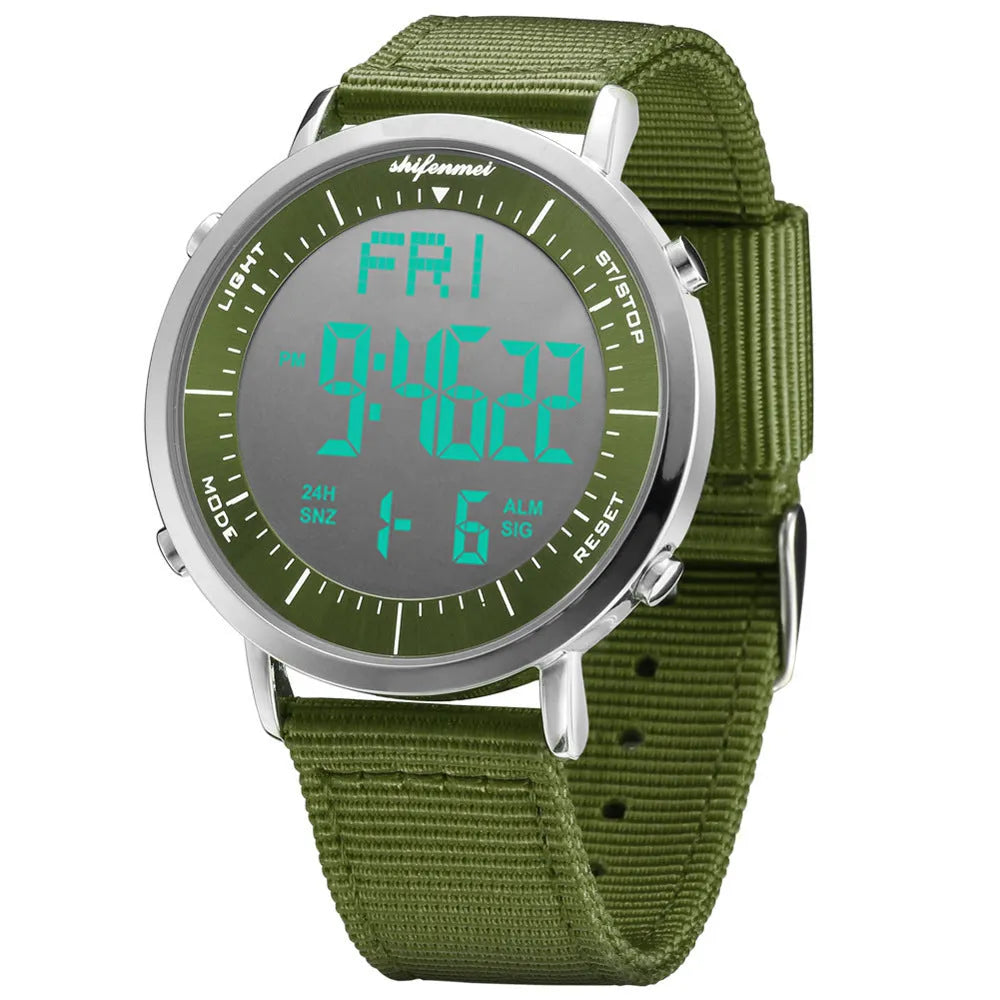 Shifenmei digital sports watch with waterproof display showing multiple style options