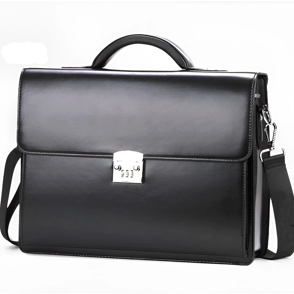 Black PU leather business briefcase with portable zipper code lock showing internal organisation pockets