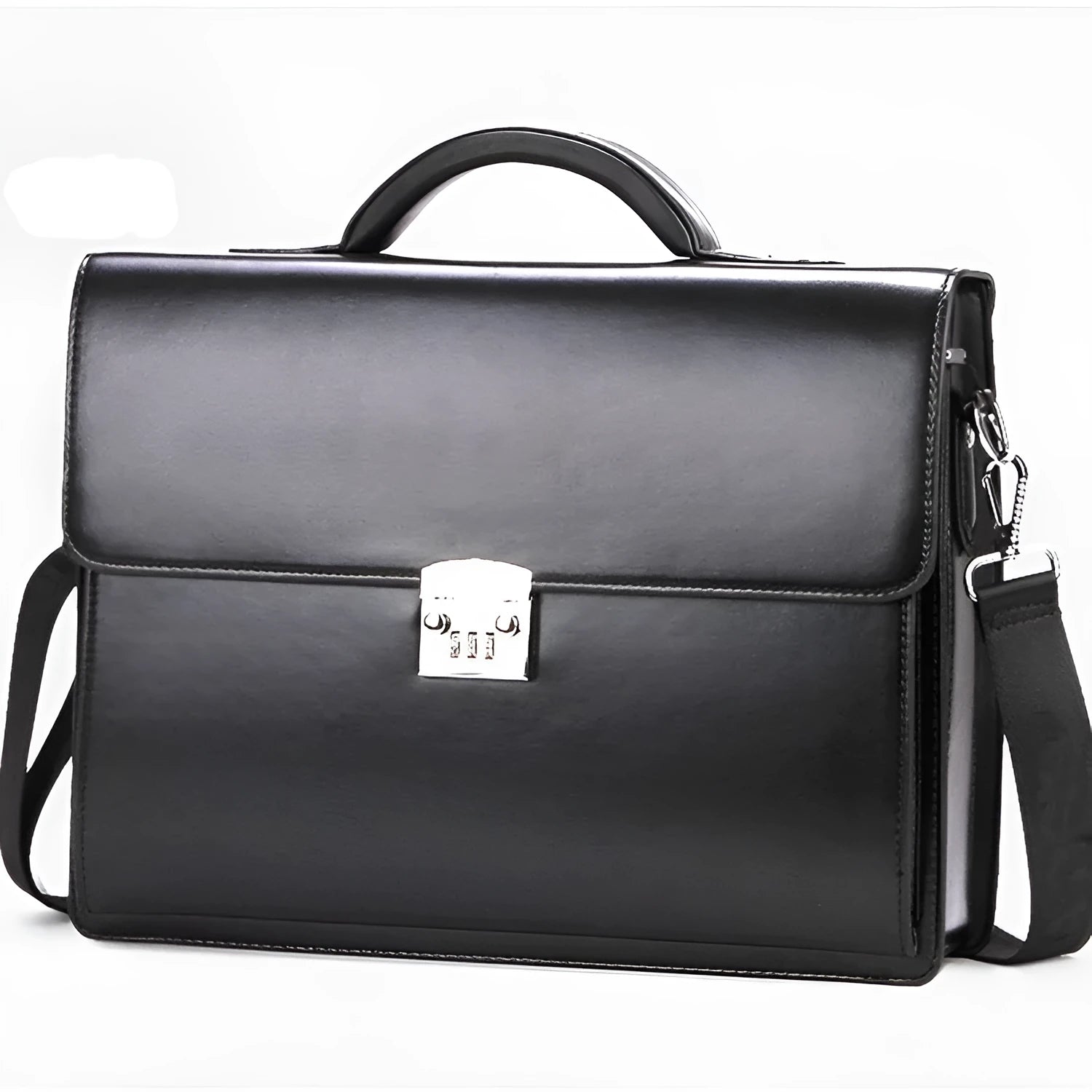 Black PU leather business briefcase with portable zipper code lock showing internal organisation pockets
