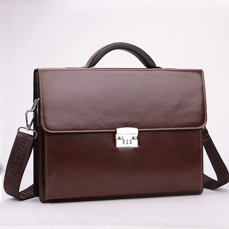 Black PU leather business briefcase with portable zipper code lock showing internal organisation pockets