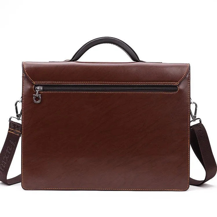 Black PU leather business briefcase with portable zipper code lock showing internal organisation pockets