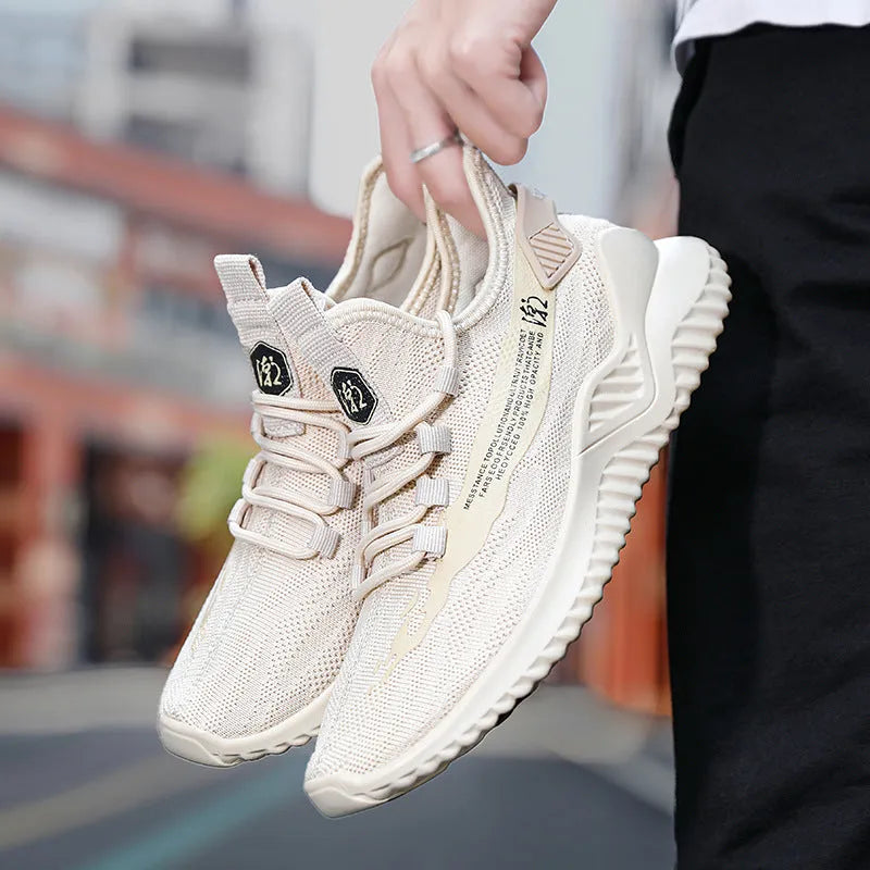 Men's white mesh sports shoes with rubber sole and front-tie closure