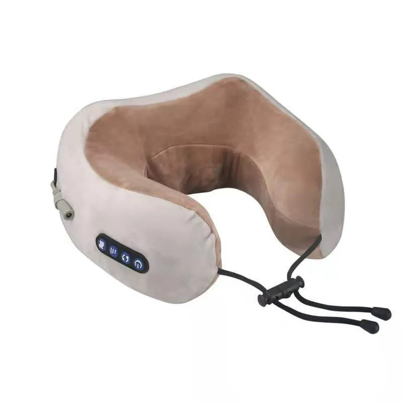 Brown U-shaped electric neck massager with four massage heads and USB charging port