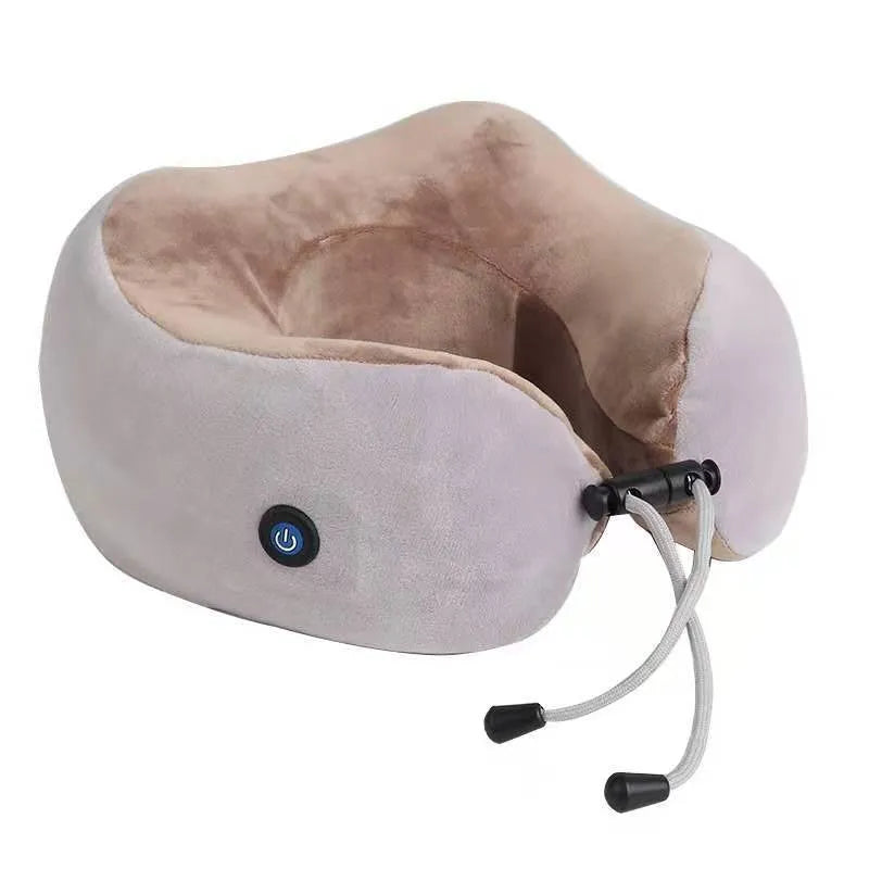 Brown U-shaped electric neck massager with four massage heads and USB charging port