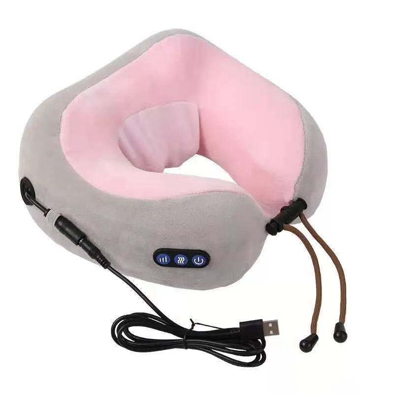 Brown U-shaped electric neck massager with four massage heads and USB charging port