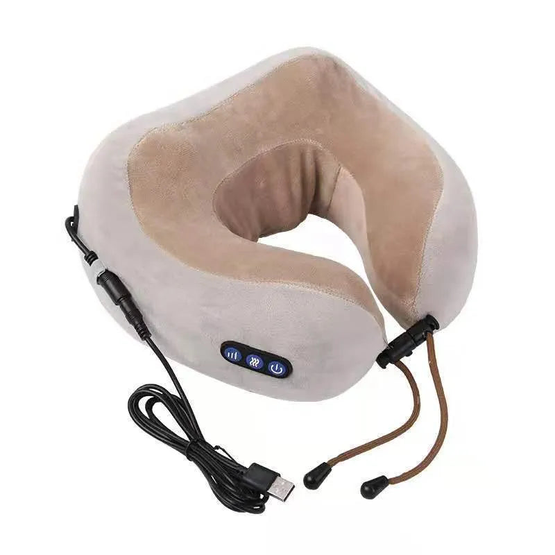 Brown U-shaped electric neck massager with four massage heads and USB charging port