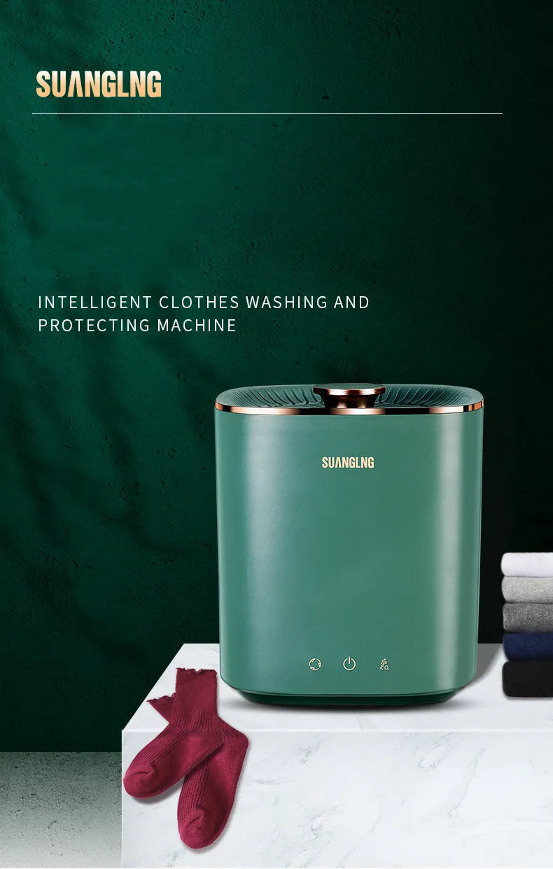 Green or white portable mini washing machine with digital controls for dormitory and travel laundry.