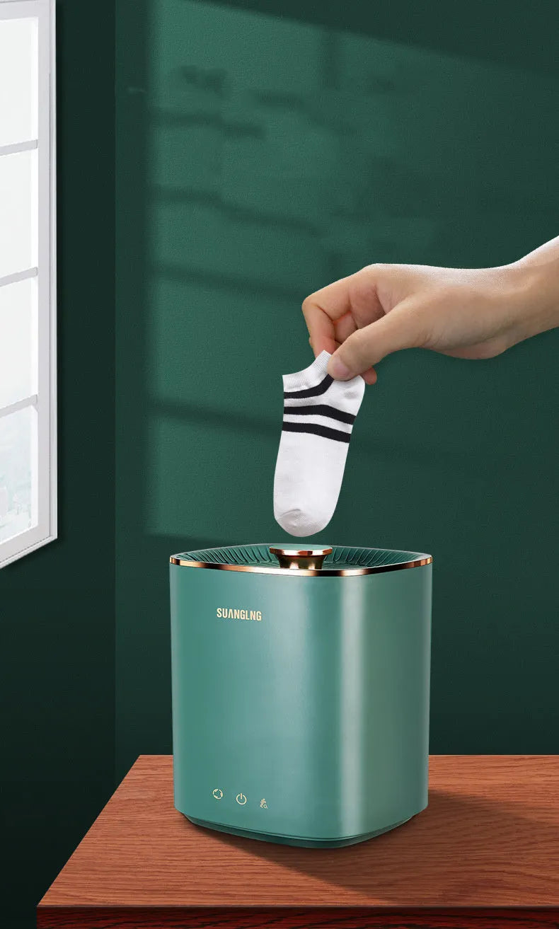 Green or white portable mini washing machine with digital controls for dormitory and travel laundry.