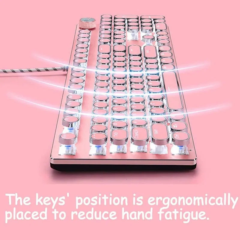 Silver bottom pink mechanical keyboard with white backlight and round keys alongside matching mouse