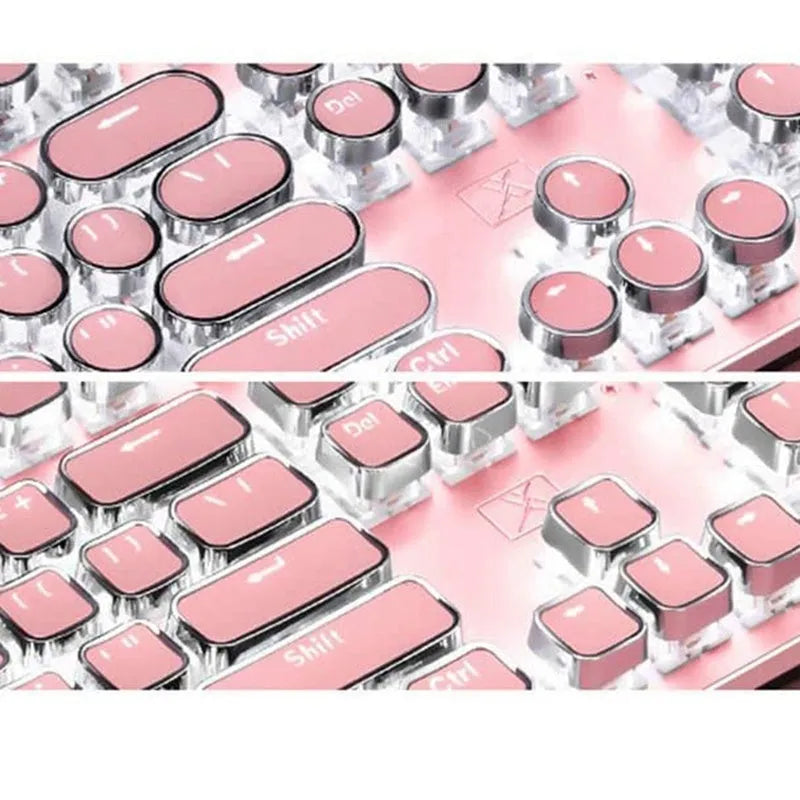 Silver bottom pink mechanical keyboard with white backlight and round keys alongside matching mouse