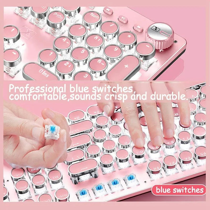 Silver bottom pink mechanical keyboard with white backlight and round keys alongside matching mouse