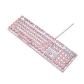 Silver bottom pink mechanical keyboard with white backlight and round keys alongside matching mouse