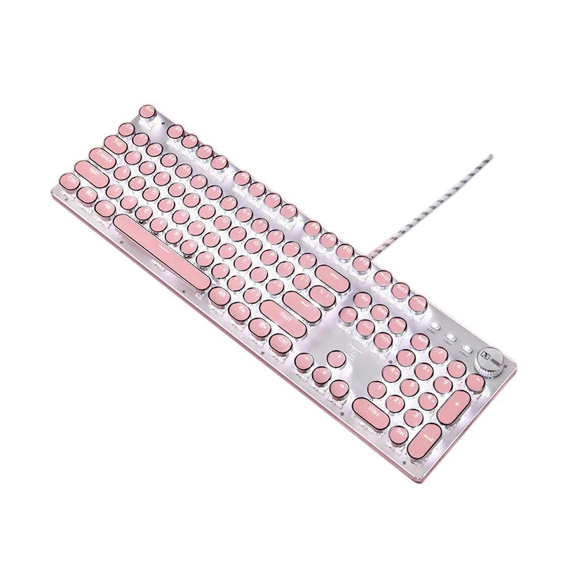 Silver bottom pink mechanical keyboard with white backlight and round keys alongside matching mouse